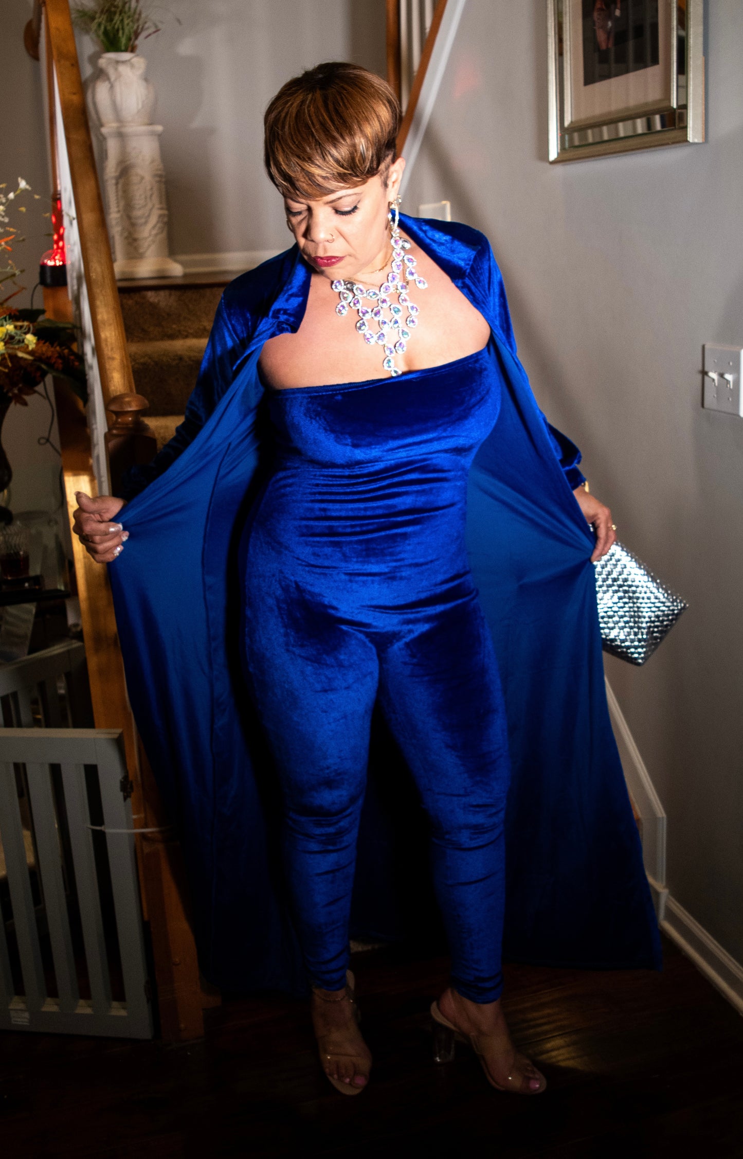 Blue Velvet Solid Strapless Jumpsuit Cardigan Suit 2 piece set