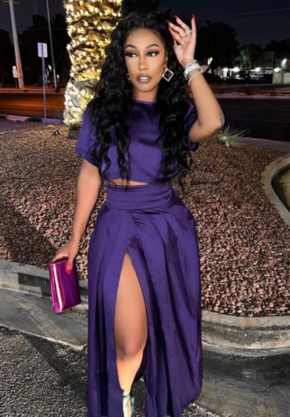 Zip up ruched slit T-shirt and Maxi skirt set