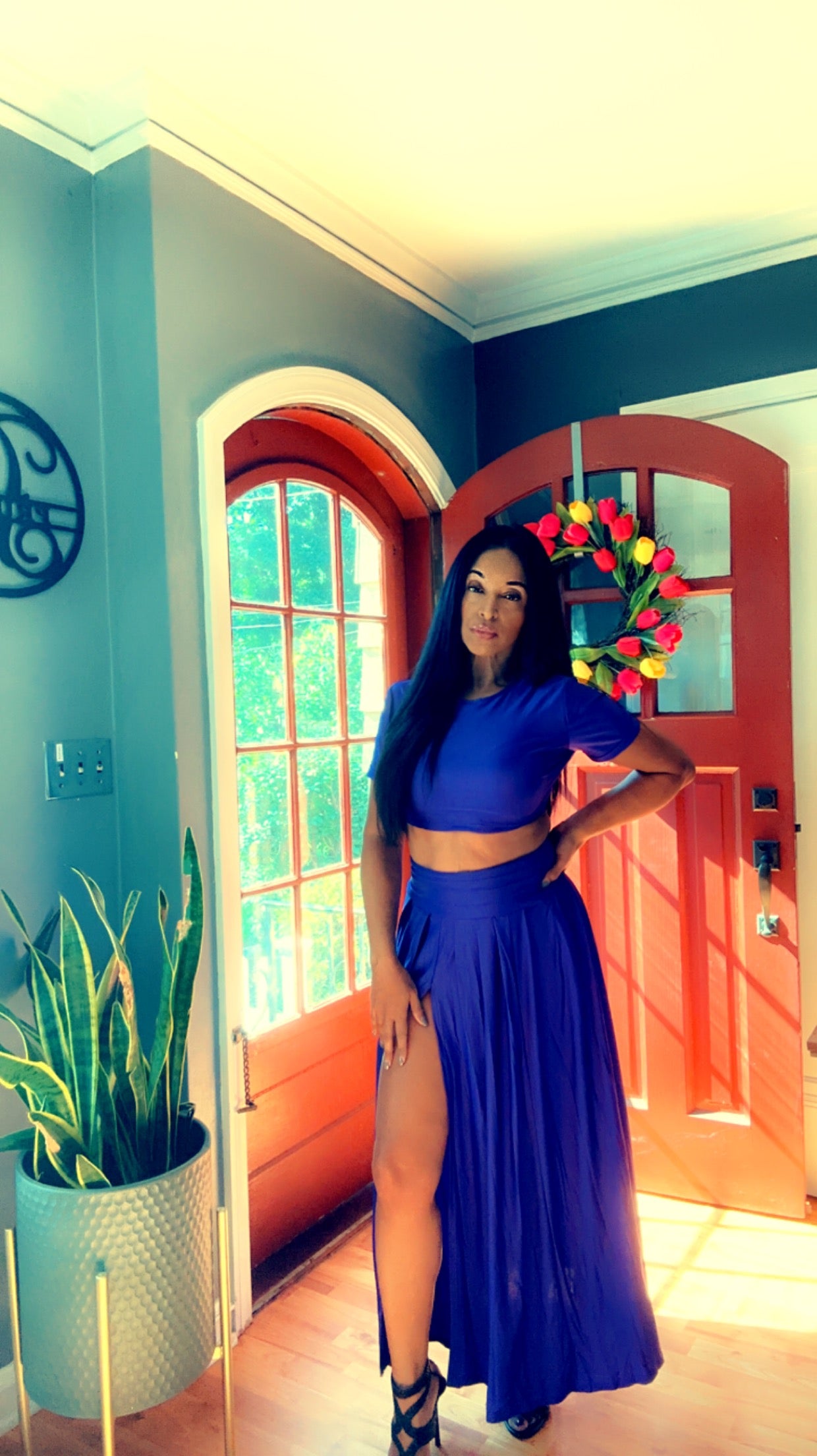 Zip up ruched slit T-shirt and Maxi skirt set