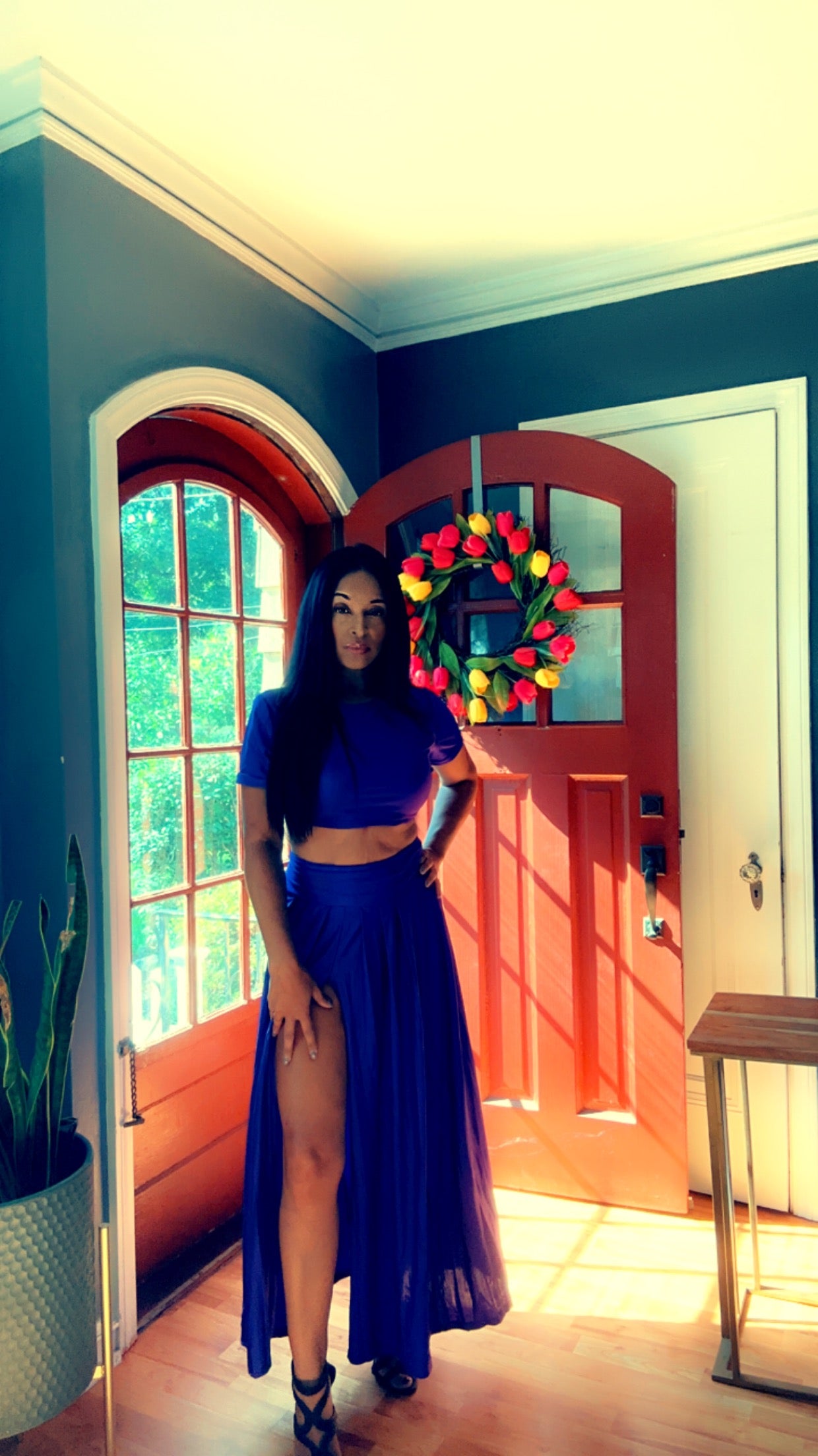 Zip up ruched slit T-shirt and Maxi skirt set