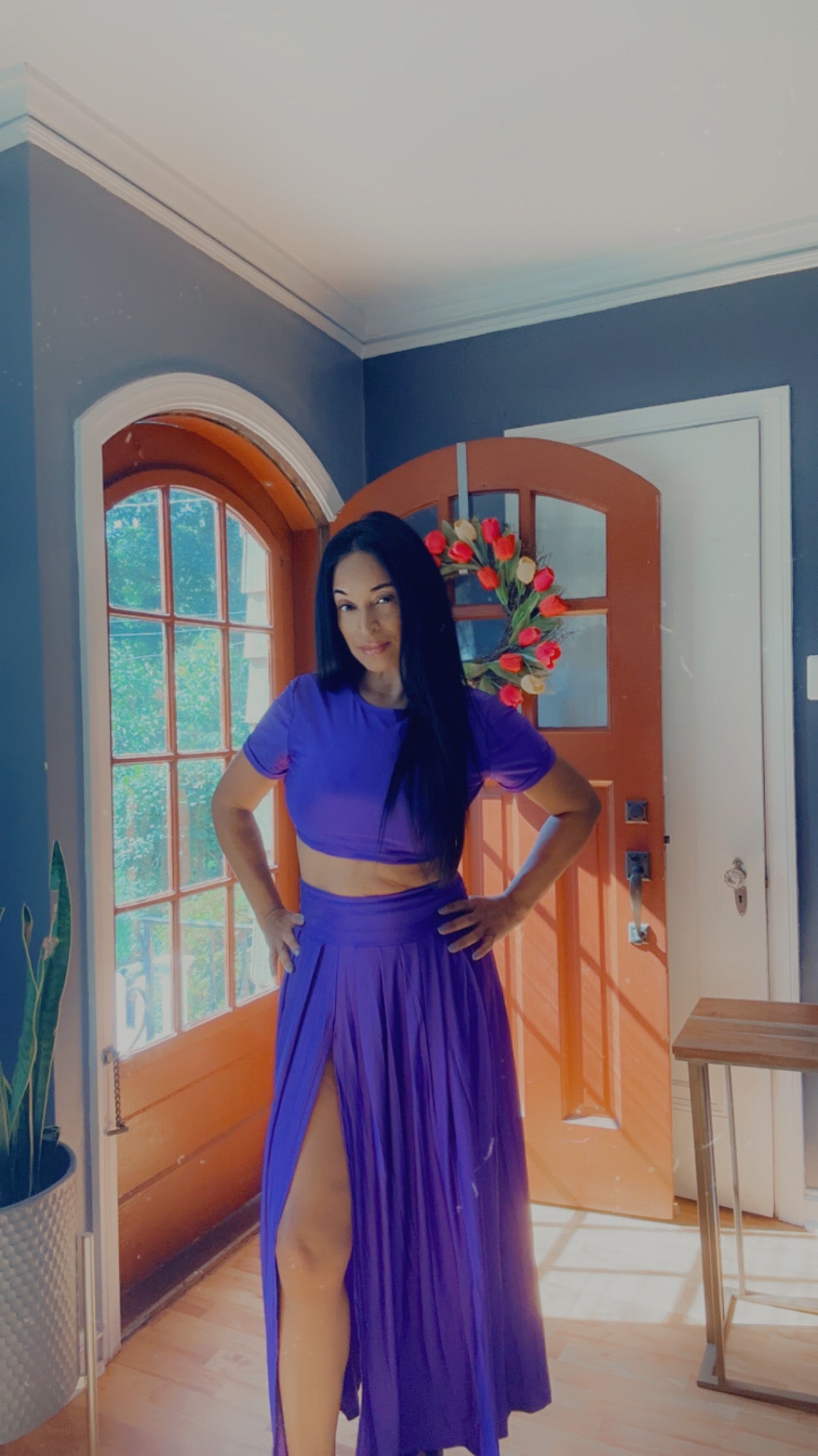 Zip up ruched slit T-shirt and Maxi skirt set