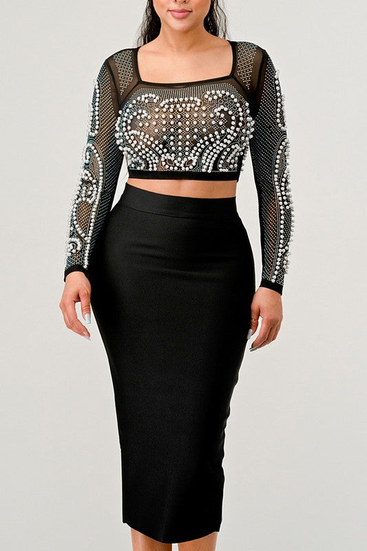 Mesh Beaded Two Piece Midi Skirt Set