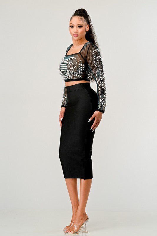 Mesh Beaded Two Piece Midi Skirt Set