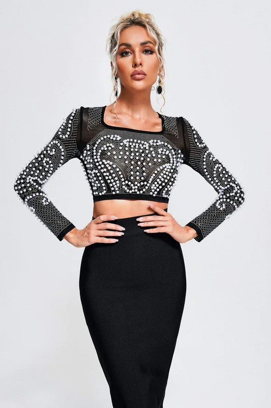 Mesh Beaded Two Piece Midi Skirt Set