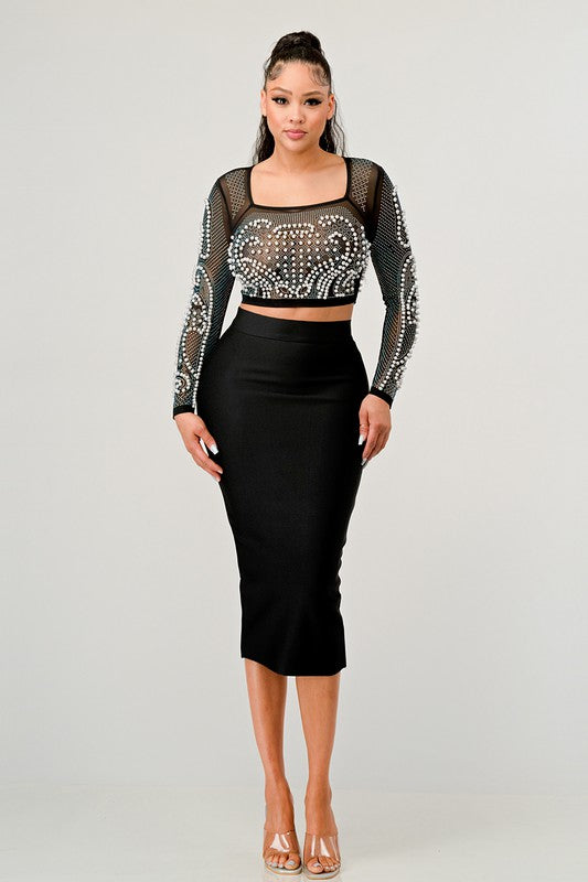 Mesh Beaded Two Piece Midi Skirt Set