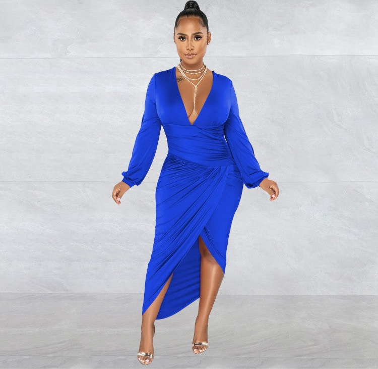 Blue Pure Color Ruched V Neck Long Sleeve Maxi Dress