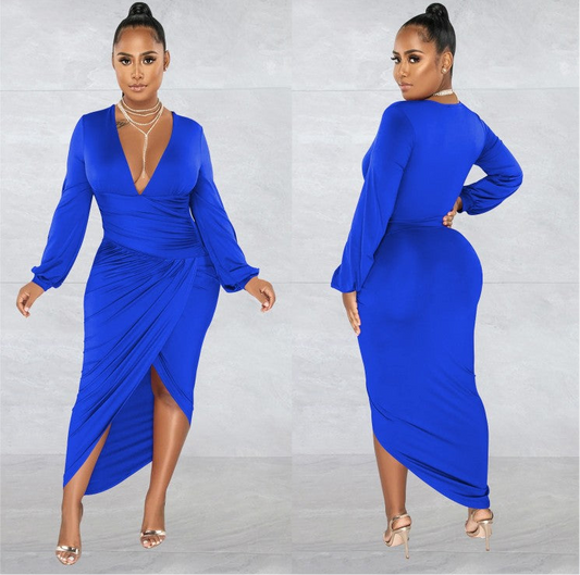 Blue Pure Color Ruched V Neck Long Sleeve Maxi Dress