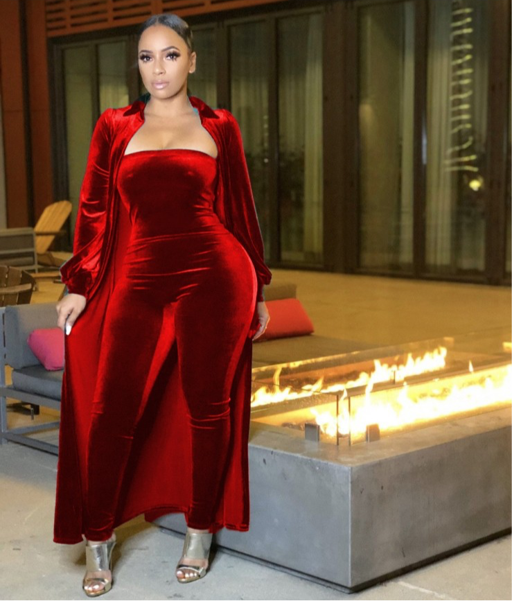 Red Velvet Solid Strapless Jumpsuit Cardigan Suit 2 Piece set