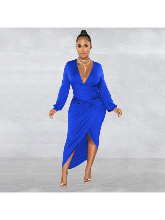 Blue Pure Color Ruched V Neck Long Sleeve Maxi Dress
